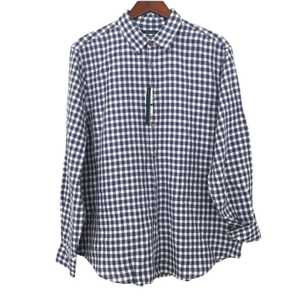 Perry Ellis Navy Blue and White Long Sleeve Linen checkered button down shirt
